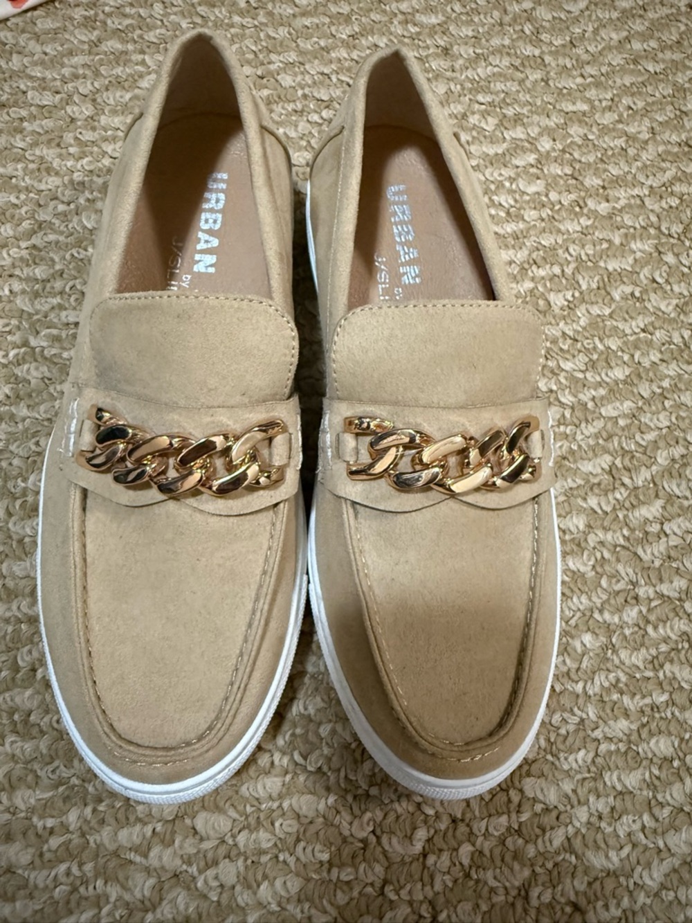 J Slides Beige Suede Loafers with Gold Chain